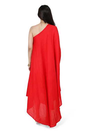 Shop Komal Shah Red Chanderi Embroidery Patch One Shoulder Sequin Floral Dress at Aza Fashions Shop_Komal Shah_Red Chanderi Embroidery Patch One Shoulder Sequin Floral Dress _at_Aza_Fashions