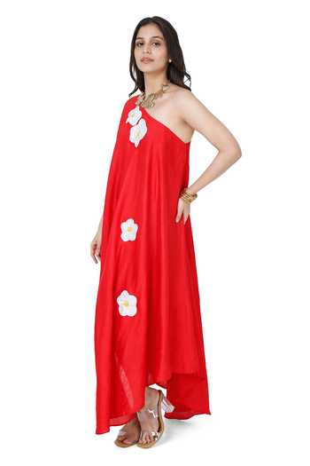 Komal Shah Red Chanderi Embroidery Patch One Shoulder Sequin Floral Dress Online at Aza Fashions Komal Shah_Red Chanderi Embroidery Patch One Shoulder Sequin Floral Dress _Online_at_Aza_Fashions