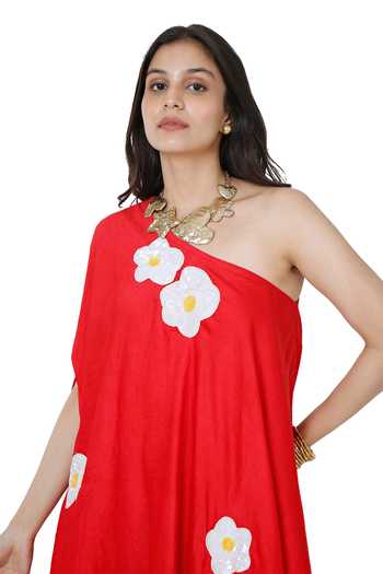 Buy Komal Shah Red Chanderi Embroidery Patch One Shoulder Sequin Floral Dress Online at Aza Fashions Buy_Komal Shah_Red Chanderi Embroidery Patch One Shoulder Sequin Floral Dress _Online_at_Aza_Fashions