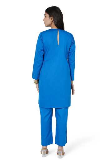 Shop Komal Shah Blue Cotton Satin High Neck Solid Side Gathered Kurta With Pant at Aza Fashions Shop_Komal Shah_Blue Cotton Satin High Neck Solid Side Gathered Kurta With Pant _at_Aza_Fashions