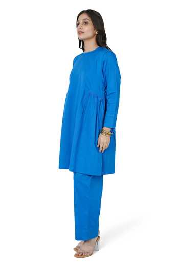 Buy Komal Shah Blue Cotton Satin High Neck Solid Side Gathered Kurta With Pant Online at Aza Fashions Buy_Komal Shah_Blue Cotton Satin High Neck Solid Side Gathered Kurta With Pant _Online_at_Aza_Fashions