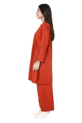 Buy_Komal Shah_Orange Cotton Satin High Neck Plain Side Gathered Kurta With Pant _Online_at_Aza_Fashions