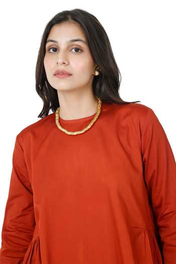 Shop_Komal Shah_Orange Cotton Satin High Neck Plain Side Gathered Kurta With Pant _Online_at_Aza_Fashions