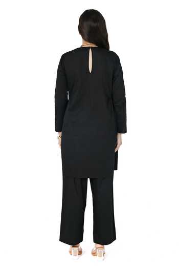 Shop Komal Shah Black Cotton Satin High Neck Side Gathered Kurta With Pant at Aza Fashions Shop_Komal Shah_Black Cotton Satin High Neck Side Gathered Kurta With Pant _at_Aza_Fashions