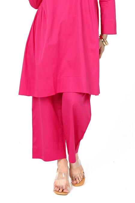 Komal Shah_Pink Cotton Satin High Neck Side Gathered Kurta With Pant _Online_at_Aza_Fashions