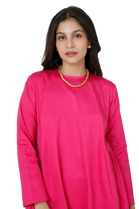 Buy_Komal Shah_Pink Cotton Satin High Neck Side Gathered Kurta With Pant _Online_at_Aza_Fashions