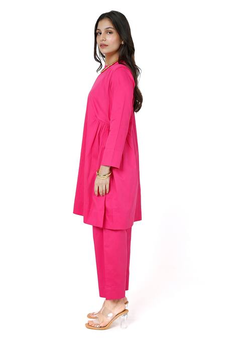 Shop_Komal Shah_Pink Cotton Satin High Neck Side Gathered Kurta With Pant _Online_at_Aza_Fashions