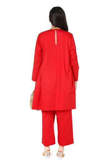 Shop Komal Shah Red Cotton Satin High Neck Solid Side Gathered Kurta With Pant at Aza Fashions Shop_Komal Shah_Red Cotton Satin High Neck Solid Side Gathered Kurta With Pant _at_Aza_Fashions