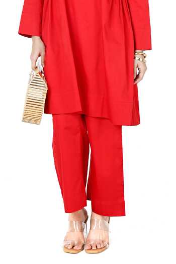Buy Komal Shah Red Cotton Satin High Neck Solid Side Gathered Kurta With Pant Online at Aza Fashions Buy_Komal Shah_Red Cotton Satin High Neck Solid Side Gathered Kurta With Pant _Online_at_Aza_Fashions