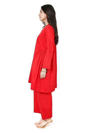 Shop Komal Shah Red Cotton Satin High Neck Solid Side Gathered Kurta With Pant Online at Aza Fashions Shop_Komal Shah_Red Cotton Satin High Neck Solid Side Gathered Kurta With Pant _Online_at_Aza_Fashions