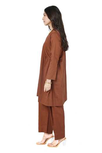 Shop_Komal Shah_Brown Cotton Satin High Neck Solid Kurta With Pant _Online_at_Aza_Fashions