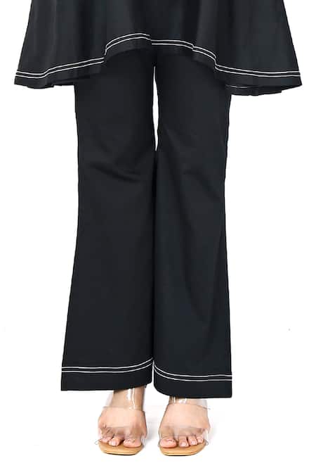 Komal Shah_Black Cotton Satin Patchwork Round Neck And Colorblocked Top With Bootcut Pant _Online_at_Aza_Fashions