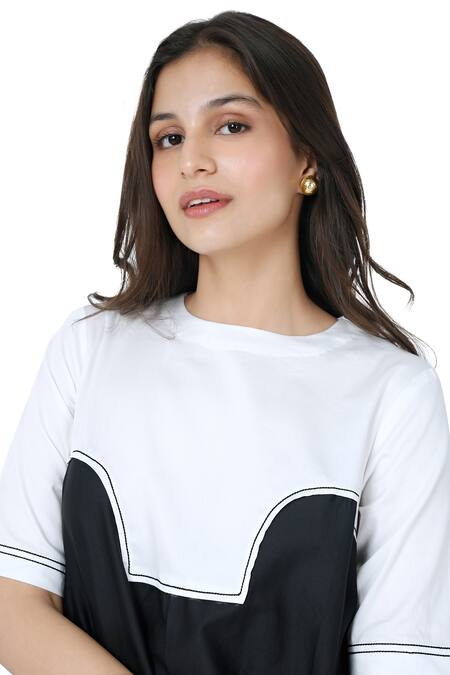 Buy_Komal Shah_Black Cotton Satin Patchwork Round Neck And Colorblocked Top With Bootcut Pant _Online_at_Aza_Fashions