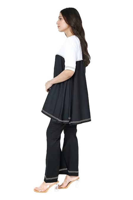 Shop_Komal Shah_Black Cotton Satin Patchwork Round Neck And Colorblocked Top With Bootcut Pant _Online_at_Aza_Fashions