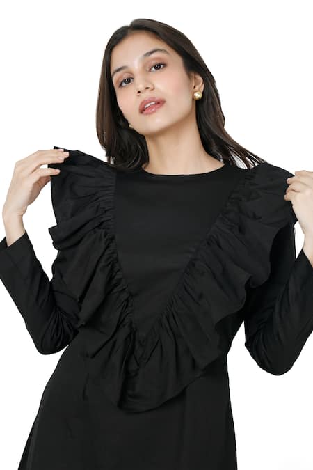 Komal Shah_Black Cotton Satin Solid Round Neck Plain Ruffled Yoke Dress _Online_at_Aza_Fashions