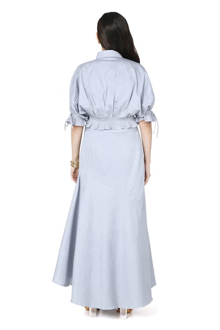 Shop Komal Shah Grey Cotton Satin Patchwork Sequin Bloom Collar Neck Crop Shirt With Skirt at Aza Fashions Shop_Komal Shah_Grey Cotton Satin Patchwork Sequin Bloom Collar Neck Crop Shirt With Skirt _at_Aza_Fashions