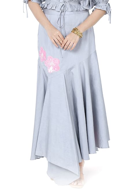 Komal Shah Grey Cotton Satin Patchwork Sequin Bloom Collar Neck Crop Shirt With Skirt Online at Aza Fashions Komal Shah_Grey Cotton Satin Patchwork Sequin Bloom Collar Neck Crop Shirt With Skirt _Online_at_Aza_Fashions