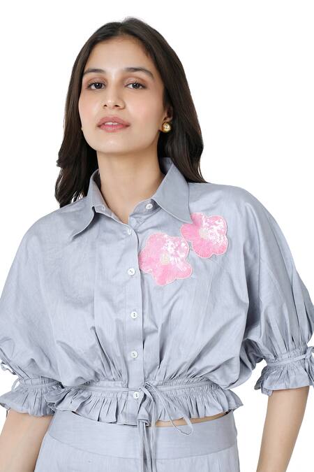 Buy Komal Shah Grey Cotton Satin Patchwork Sequin Bloom Collar Neck Crop Shirt With Skirt Online at Aza Fashions Buy_Komal Shah_Grey Cotton Satin Patchwork Sequin Bloom Collar Neck Crop Shirt With Skirt _Online_at_Aza_Fashions