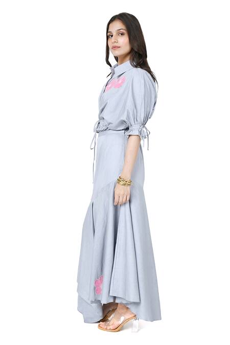 Shop Komal Shah Grey Cotton Satin Patchwork Sequin Bloom Collar Neck Crop Shirt With Skirt Online at Aza Fashions Shop_Komal Shah_Grey Cotton Satin Patchwork Sequin Bloom Collar Neck Crop Shirt With Skirt _Online_at_Aza_Fashions