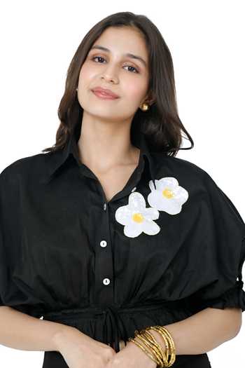 Komal Shah_Black Cotton Satin Patchwork Sequin Bloom Collar Daisy Crop Shirt With Skirt _Online_at_Aza_Fashions
