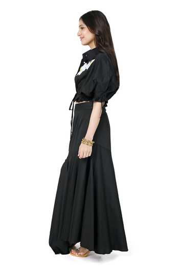 Shop_Komal Shah_Black Cotton Satin Patchwork Sequin Bloom Collar Daisy Crop Shirt With Skirt _Online_at_Aza_Fashions