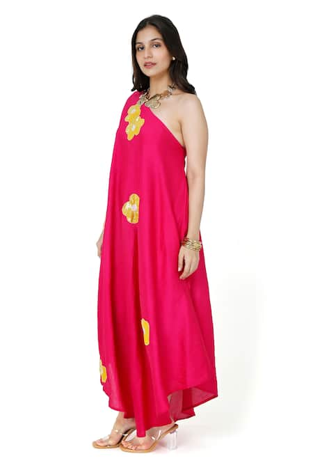 Komal Shah_Pink Chanderi Embroidery Patch One Shoulder Sequin Floret Dress _Online_at_Aza_Fashions