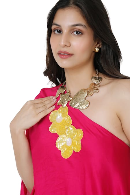 Buy_Komal Shah_Pink Chanderi Embroidery Patch One Shoulder Sequin Floret Dress _Online_at_Aza_Fashions