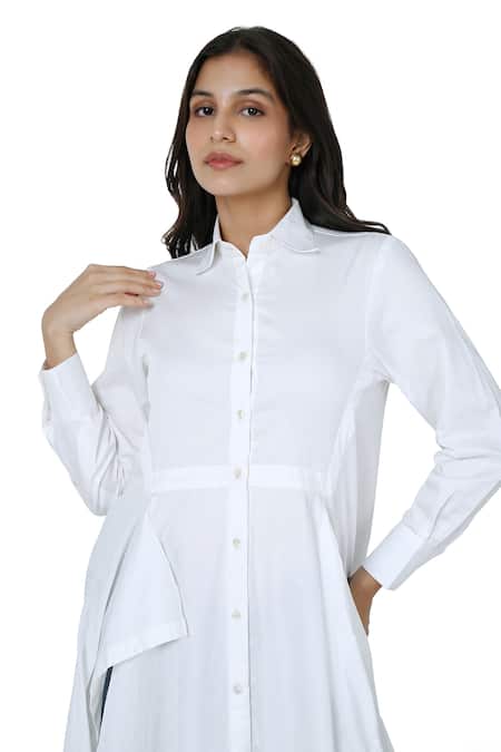 Komal Shah_White Cotton Satin Solid Collar Neck Long Shirt _Online_at_Aza_Fashions
