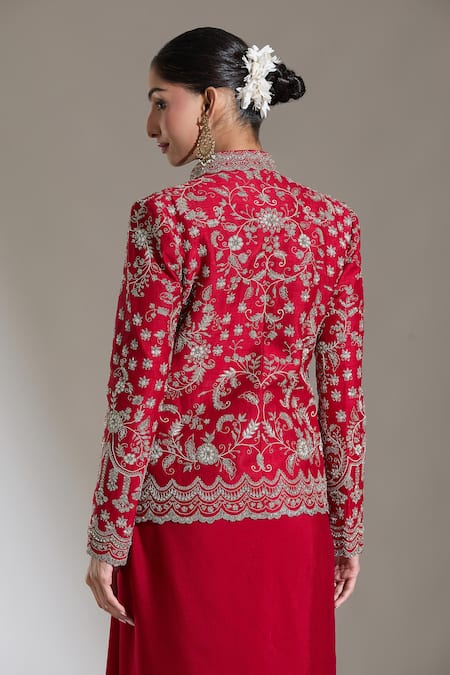 Shop Jayanti Reddy Red Silk Zari, Embroidery V-neck Floral Zardozi Jacket at Aza Fashions Shop_Jayanti Reddy_Red Silk Zari, Embroidery V-neck Floral Zardozi Jacket _at_Aza_Fashions