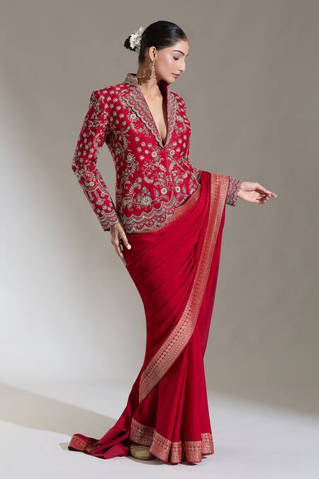 Jayanti Reddy Red Silk Zari, Embroidery V-neck Floral Zardozi Jacket Online at Aza Fashions Jayanti Reddy_Red Silk Zari, Embroidery V-neck Floral Zardozi Jacket _Online_at_Aza_Fashions