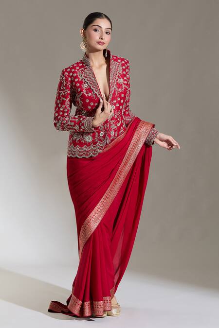 Buy Jayanti Reddy Red Silk Zari, Embroidery V-neck Floral Zardozi Jacket Online at Aza Fashions Buy_Jayanti Reddy_Red Silk Zari, Embroidery V-neck Floral Zardozi Jacket _Online_at_Aza_Fashions