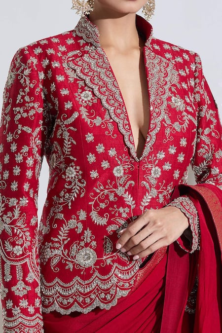 Shop Jayanti Reddy Red Silk Zari, Embroidery V-neck Floral Zardozi Jacket Online at Aza Fashions Shop_Jayanti Reddy_Red Silk Zari, Embroidery V-neck Floral Zardozi Jacket _Online_at_Aza_Fashions