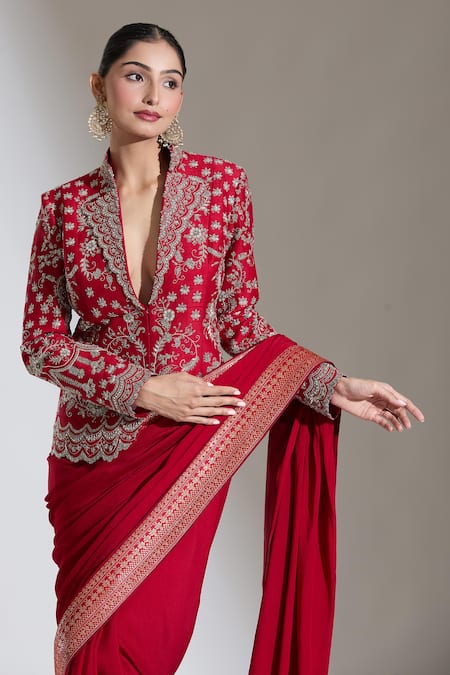 Jayanti Reddy Red Silk Zari, Embroidery V-neck Floral Zardozi Jacket at Aza Fashions Jayanti Reddy_Red Silk Zari, Embroidery V-neck Floral Zardozi Jacket _at_Aza_Fashions