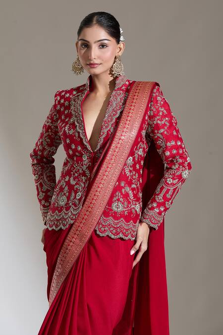 Buy Jayanti Reddy Red Silk Zari, Embroidery V-neck Floral Zardozi Jacket Buy_Jayanti Reddy_Red Silk Zari, Embroidery V-neck Floral Zardozi Jacket