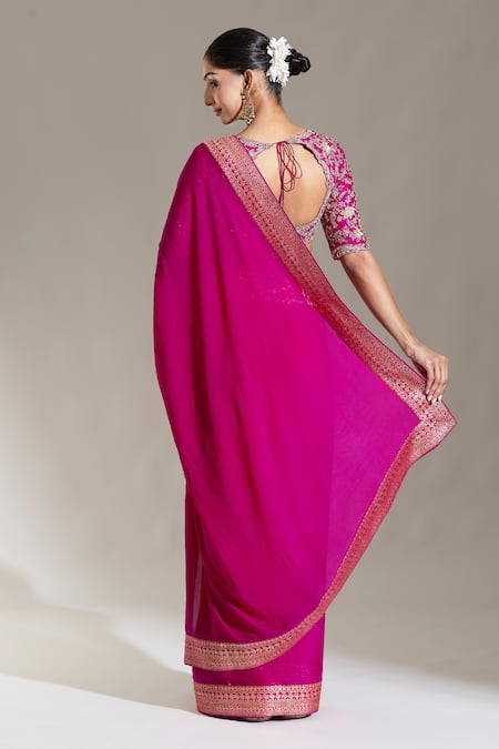 Shop_Jayanti Reddy_Pink Banaras Border Plain Saree _at_Aza_Fashions