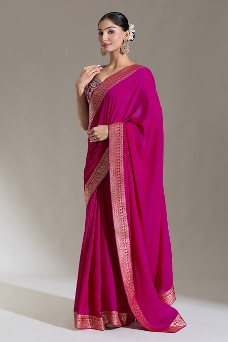 Buy_Jayanti Reddy_Pink Banaras Border Plain Saree _Online_at_Aza_Fashions
