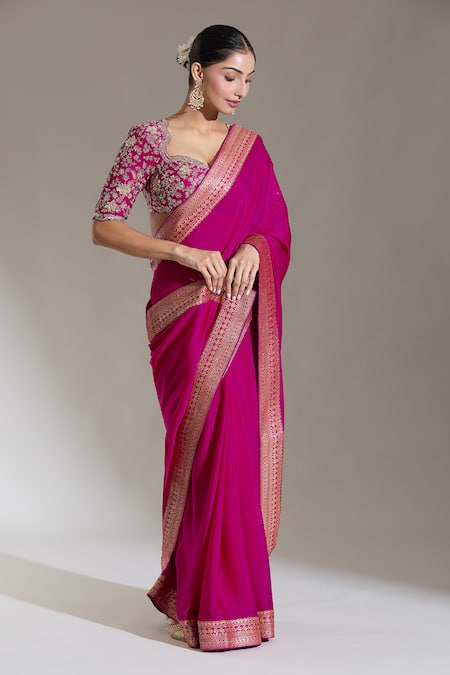 Shop_Jayanti Reddy_Pink Banaras Border Plain Saree _Online_at_Aza_Fashions