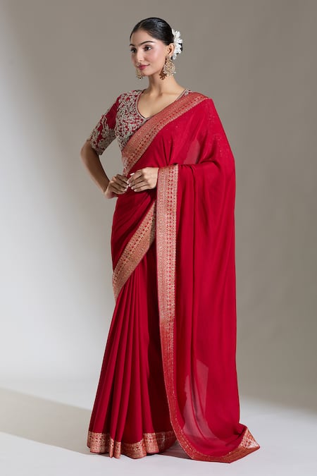 Shop Jayanti Reddy Red Woven Banaras Border Plain Saree at Aza Fashions Shop_Jayanti Reddy_Red Woven Banaras Border Plain Saree _at_Aza_Fashions