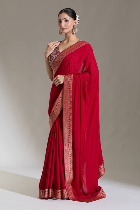 Jayanti Reddy Red Woven Banaras Border Plain Saree Online at Aza Fashions Jayanti Reddy_Red Woven Banaras Border Plain Saree _Online_at_Aza_Fashions