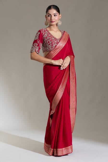 Shop Jayanti Reddy Red Woven Banaras Border Plain Saree Online at Aza Fashions Shop_Jayanti Reddy_Red Woven Banaras Border Plain Saree _Online_at_Aza_Fashions