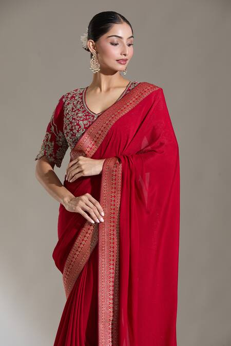 Jayanti Reddy Red Woven Banaras Border Plain Saree at Aza Fashions Jayanti Reddy_Red Woven Banaras Border Plain Saree _at_Aza_Fashions