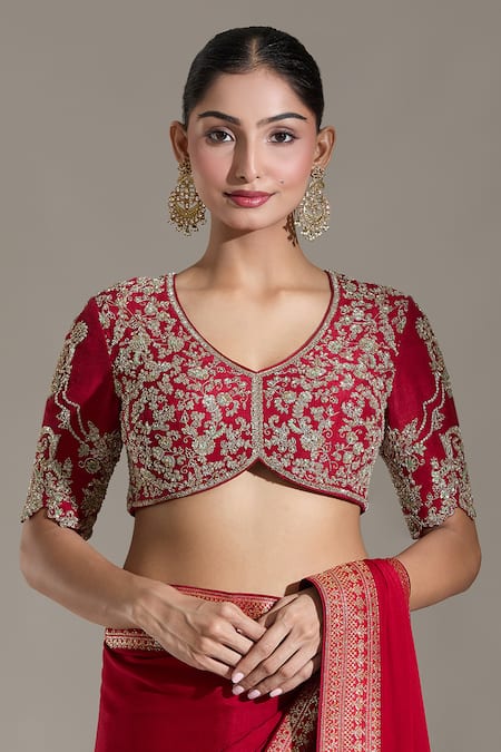 JAYANTI REDDY Red Embroidered Floral Sweetheart Zardozi Blouse 