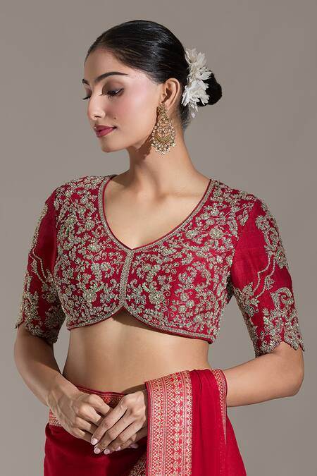 Jayanti Reddy Red Embroidery Sweetheart Neck Floral Zardozi Blouse Online at Aza Fashions Jayanti Reddy_Red Embroidery Sweetheart Neck Floral Zardozi Blouse_Online_at_Aza_Fashions