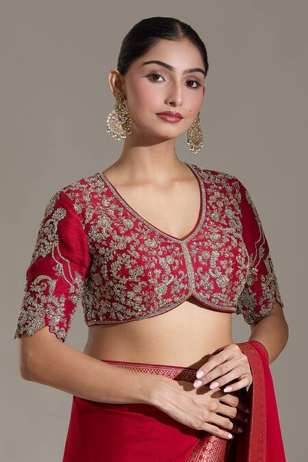 Buy Jayanti Reddy Red Embroidery Sweetheart Neck Floral Zardozi Blouse Online at Aza Fashions Buy_Jayanti Reddy_Red Embroidery Sweetheart Neck Floral Zardozi Blouse_Online_at_Aza_Fashions