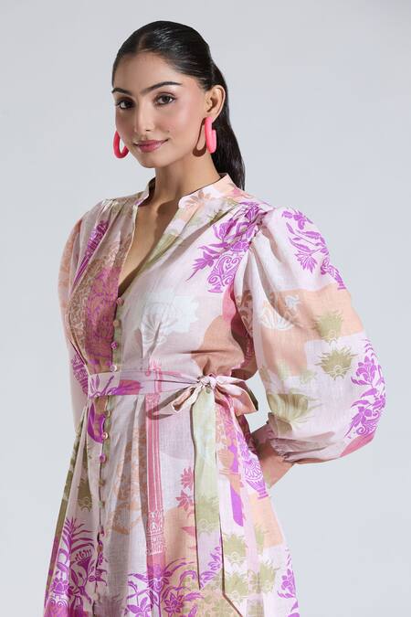 Shop Pankaj & Nidhi Multi Color Mandarin Collar Floral Print Shirt Dress Online at Aza Fashions Shop_Pankaj & Nidhi_Multi Color Mandarin Collar Floral Print Shirt Dress _Online_at_Aza_Fashions