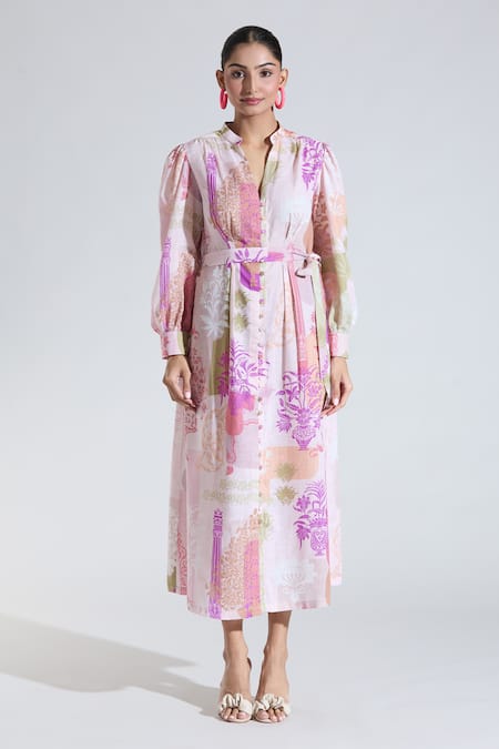 Pankaj & Nidhi Multi Color Mandarin Collar Floral Print Shirt Dress at Aza Fashions Pankaj & Nidhi_Multi Color Mandarin Collar Floral Print Shirt Dress _at_Aza_Fashions