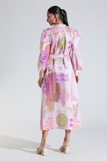 Shop Pankaj & Nidhi Multi Color Mandarin Collar Floral Print Shirt Dress at Aza Fashions Shop_Pankaj & Nidhi_Multi Color Mandarin Collar Floral Print Shirt Dress _at_Aza_Fashions