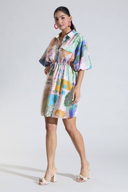 Pankaj & Nidhi_Multi Color Embroidery Collared Floral Print Tie-up Dress _Online_at_Aza_Fashions