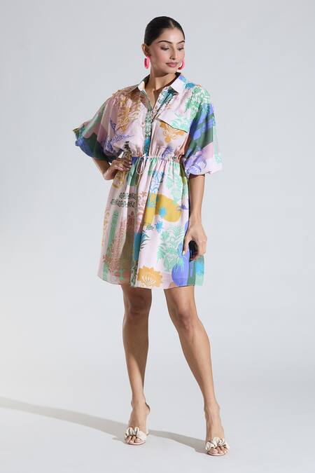 Buy_Pankaj & Nidhi_Multi Color Embroidery Collared Floral Print Tie-up Dress _Online_at_Aza_Fashions