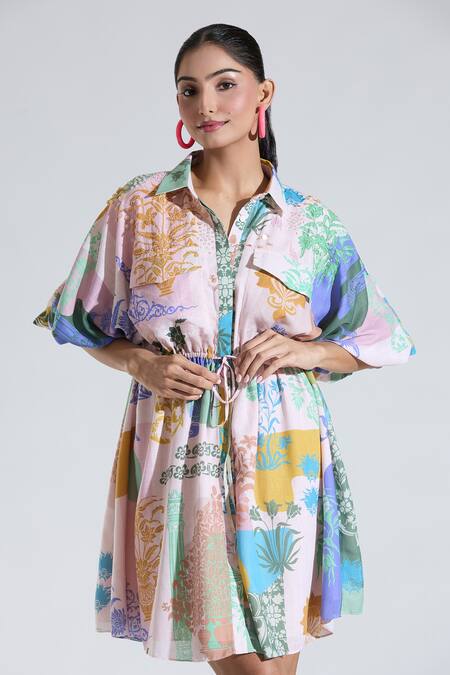 Shop_Pankaj & Nidhi_Multi Color Embroidery Collared Floral Print Tie-up Dress _Online_at_Aza_Fashions